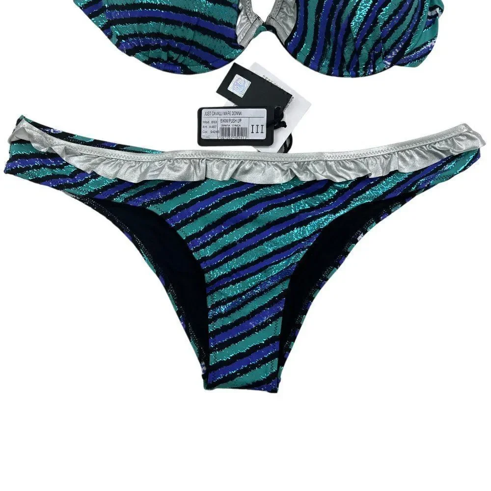 New Just Cavalli Women Stretch Bikini Blue Silver Push-Up Two Piece Swimsuit - Picture 9 of 12